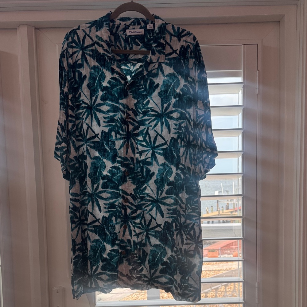 Caribbean 3XT Teal Palm Leaf Button-Up Shirt Dress